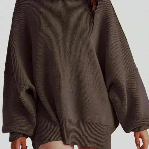 Coffee Brown Casual Women's Solid Drop Shoulder Split Hem Sweater - Picture 4 of 4